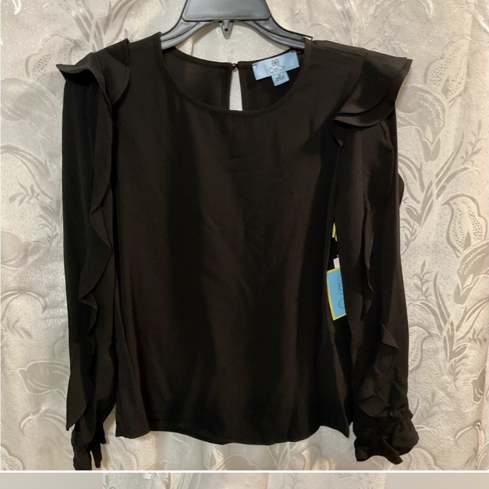 CeCe Black Ruffled Long Sleeve Blouse